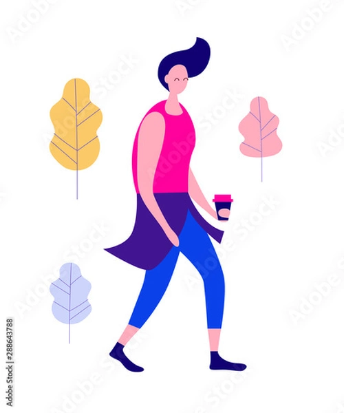 Fototapeta Man with coffee walking on the street. Flat cartoon character isolated on white background. Vector illustration..