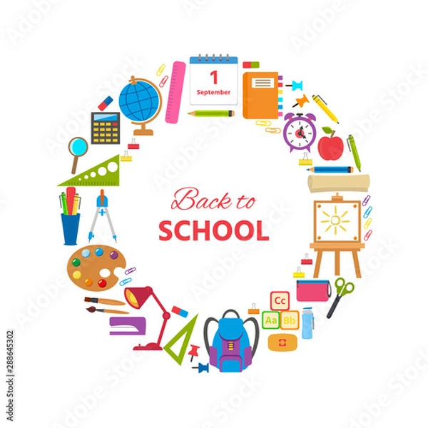 Fototapeta Set of school supplies and elements. Back to school concept. Vector illustration can use print templates and leaflets with stationery equipment. School and education cards, posters or banners