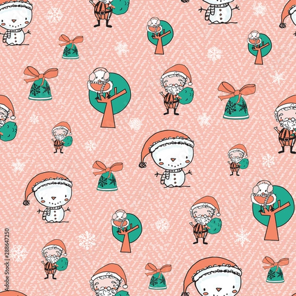 Fototapeta Cute Christmas pattern with Santa Claus, snowman, bird and Christmas bells on textured background. Fun vector Christmas background for kids