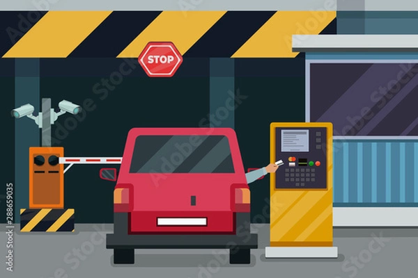 Obraz Parking entrance with security barrier gate and parking ticket machine