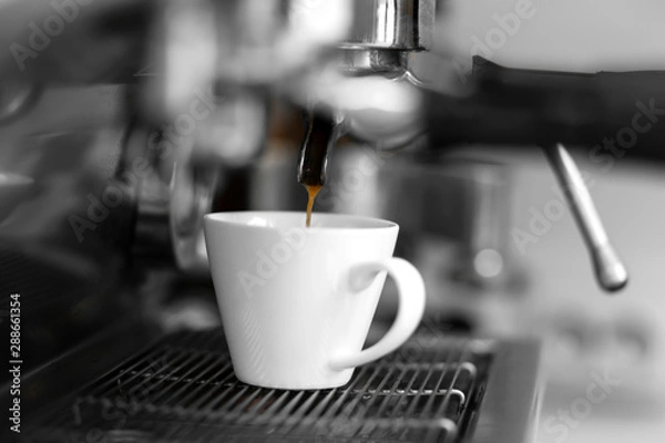 Fototapeta A coffee machine pours freshly brewed hot coffee into a white cup