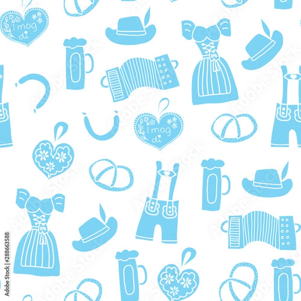 Fototapeta Oktoberfest background hand drawn cartoon doodle seamless vector pattern. Oktoberfest repeating tile. Traditional German icons. Bavarian beer, Lederhosen, Dirndl, gingerbread heart, sausage, pretzels