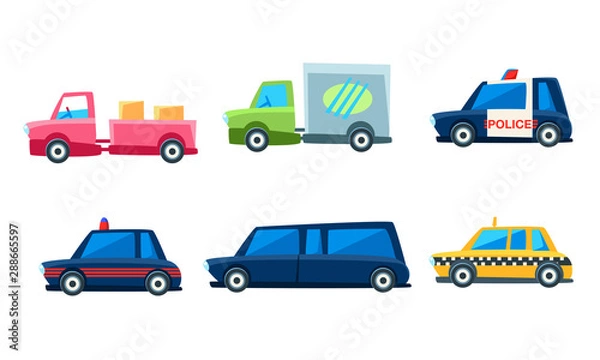 Fototapeta Cute City Transport Set, Colorful Childish Vehicles Vector Illustration