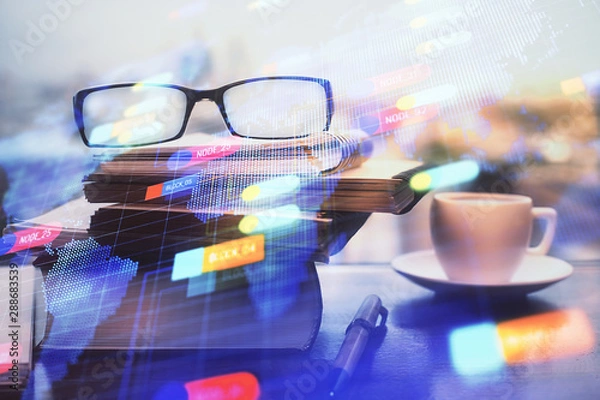 Fototapeta Data tech hologram with glasses on the table background. Concept of technology. Double exposure.