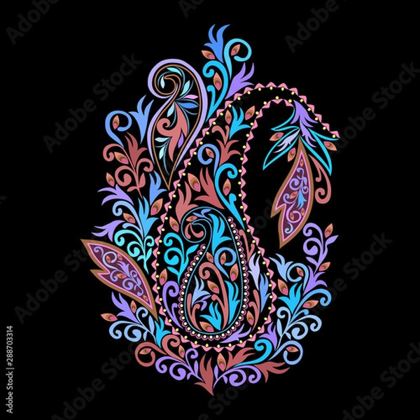 Fototapeta Paisley - turquoise floral folk art pattern. Traditional ethnic ornament. Object isolated on black background. Vector print.