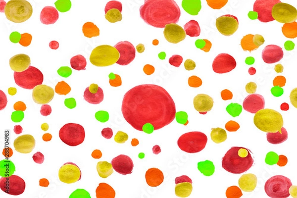 Fototapeta Abstract brush isolated on white paper. Circle watercolor pattern. Red, Orange, Green, Yellow polka dots.