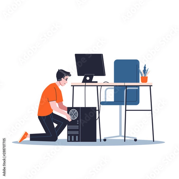 Fototapeta Young male sysadmin. Man doing technical work