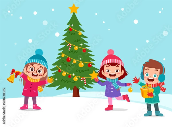Obraz happy kids christmas tree snow