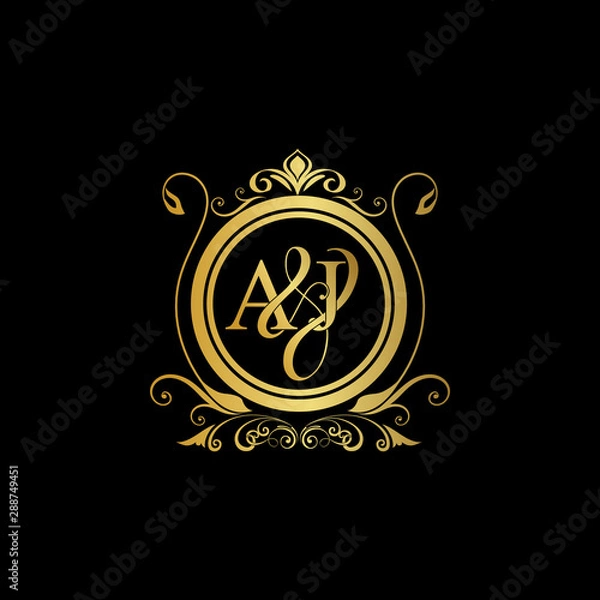 Fototapeta A & J AJ logo initial Luxury ornament emblem. Initial luxury art vector mark logo, gold color on black background.