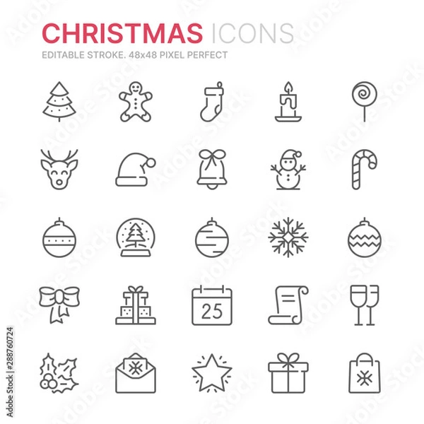Obraz Collection of christmas related line icons. 48x48 Pixel Perfect. Editable stroke