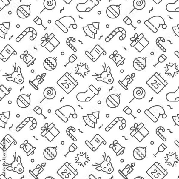 Fototapeta Christmas seamless pattern with thin line icons