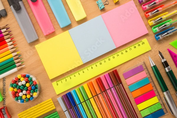 Fototapeta School office supplies on a desk 