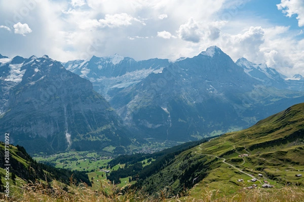 Fototapeta view from Grindelwald First down into the valley and on the mountains and a glacier