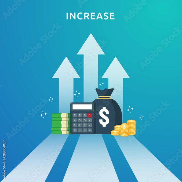Fototapeta income salary rate increase. Finance performance of return on investment ROI concept with arrow. business profit growth margin revenue. cost sale icon. dollar symbol flat style vector illustration