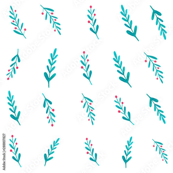 Fototapeta Mistletoe twigs  seamless pattern. Christmas season decorative botanical elements on white background. Watercolor evergreen ilex, wrapping paper design