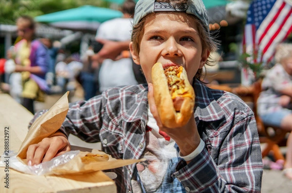 Obraz Boy eating barbecue grilled hot dog on family picnic celebrating independence day with flag on the background