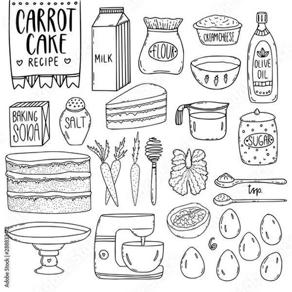Fototapeta Kitchen utensils vector elements. Carrot cake recipe. Baking cooking recipe. Kitchen stuff and ingredients for menu design.
