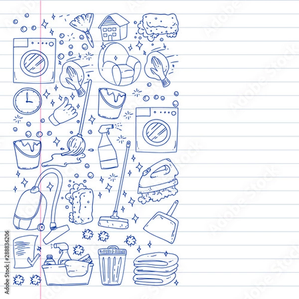 Fototapeta cleaning services company vector monochrome pattern on white background, drawing pen, notebooks lined