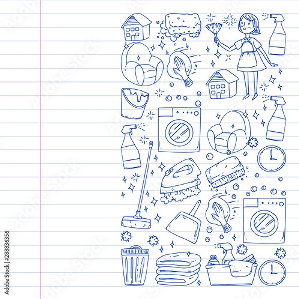 Fototapeta cleaning services company vector monochrome pattern on white background, drawing pen, notebooks lined
