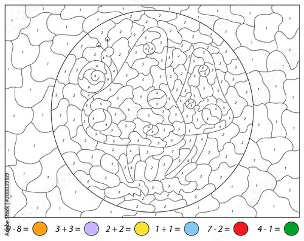 Fototapeta Cartoon mushrooms and snail. Addition and subtraction tasks. Color by number educational game