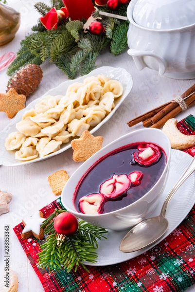 Obraz Barszcz (beetroot soup) with small pierogi