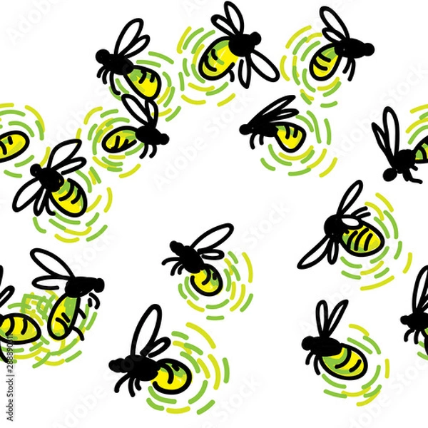 Fototapeta Seamless pattern with fireflies. Stylish designer print. Luminous insects against the sky.