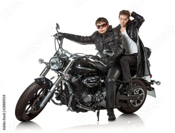 Obraz Couple in a black leather sitting on black custom motorcycle