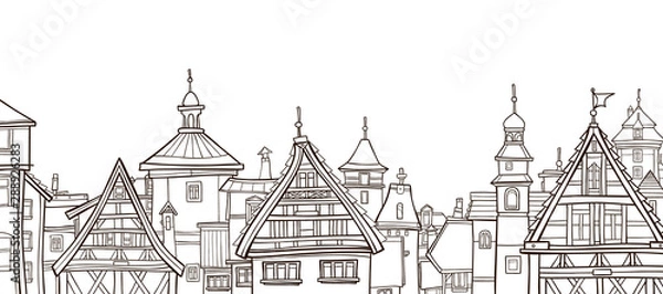 Fototapeta outline drawing of a city with half-timbered houses