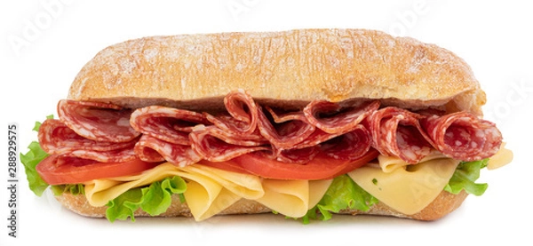 Fototapeta Ciabatta sandwich with lettuce, tomatoes prosciutto and cheese isolated on white background