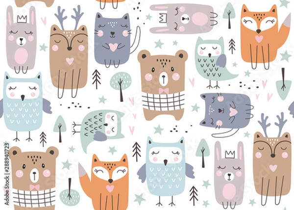 Obraz Seamless pattern with cute forest animals. Hand drawn style. Vector