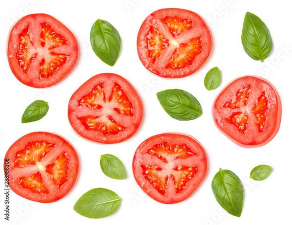 Fototapeta Creative layout made of tomato slices and basil leaves. Flat lay, top view. Vegetables isolated on white background. Food ingredient pattern.