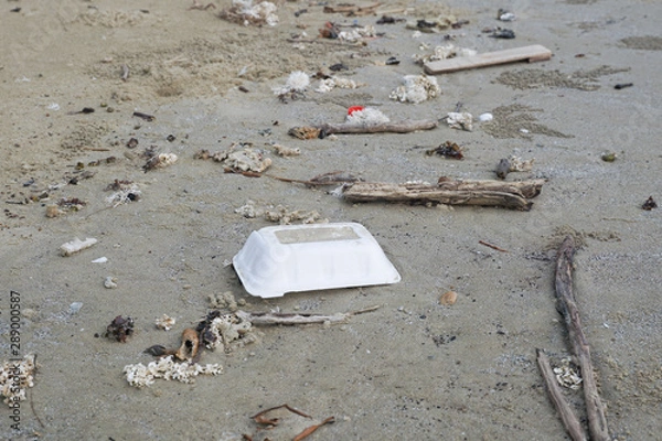 Fototapeta Lok Kawi, Kota Kinabalu, Sabah, Malaysia - September 08, 2019: There is a lot of rubbish left in Lok Kawi Beach. This rubbish are dumped into the sea and washed away to this beach.