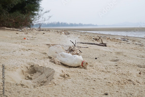 Fototapeta Lok Kawi, Kota Kinabalu, Sabah, Malaysia - September 08, 2019: There is a lot of rubbish left in Lok Kawi Beach. This rubbish are dumped into the sea and washed away to this beach.