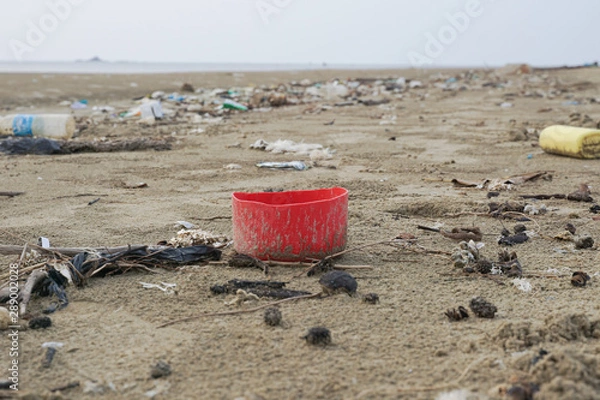 Fototapeta Lok Kawi, Kota Kinabalu, Sabah, Malaysia - September 08, 2019: There is a lot of rubbish left in Lok Kawi Beach. This rubbish are dumped into the sea and washed away to this beach.