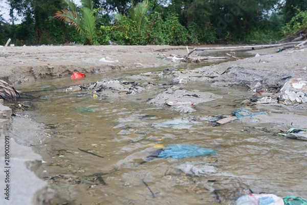Fototapeta Lok Kawi, Kota Kinabalu, Sabah, Malaysia - September 08, 2019: There is a lot of rubbish left in Lok Kawi Beach. This rubbish are dumped into the sea and washed away to this beach.
