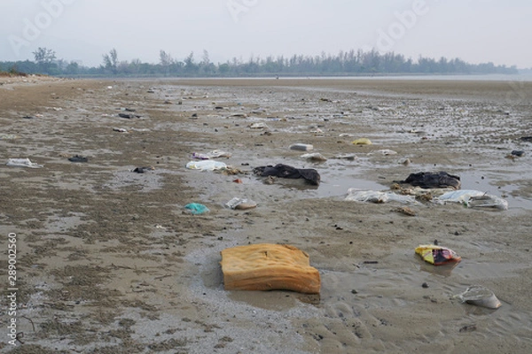 Fototapeta Lok Kawi, Kota Kinabalu, Sabah, Malaysia - September 08, 2019: There is a lot of rubbish left in Lok Kawi Beach. This rubbish are dumped into the sea and washed away to this beach.