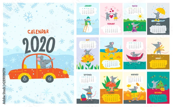 Fototapeta Vector colorful monthly calendar with a cute rat - a Chinese symbol of the 2020 year