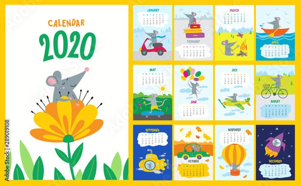 Fototapeta Vector colorful monthly calendar with a cute rat - a Chinese symbol of the 2020 year