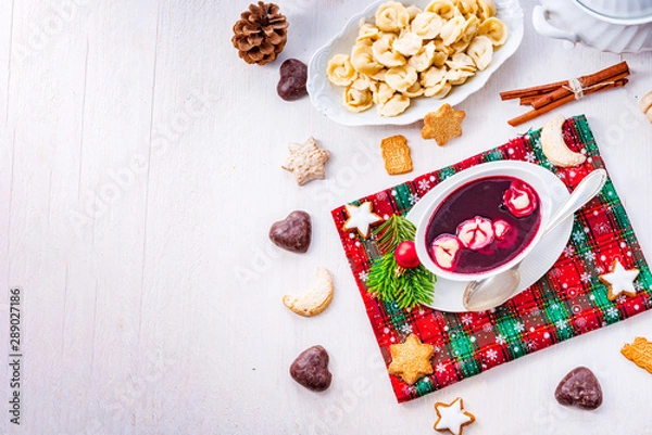 Obraz Barszcz (beetroot soup) with small pierogi