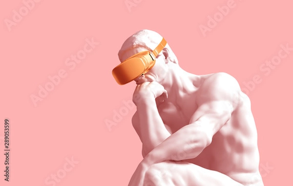 Obraz Myśliciel Rzeźby ze złotymi okularami VR na różowym tle