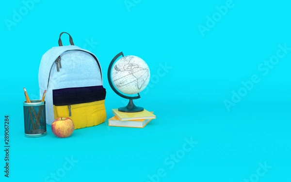 Fototapeta Multicolor backpack in blue background with books apple pencil and globe Back to school 3d render