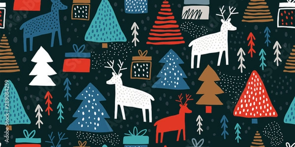 Obraz Childish seamless pattern with deers and pines