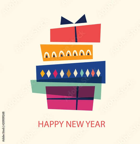 Obraz Vector illustration with gift box. Holiday greeting card for New Year and Christmas holidays