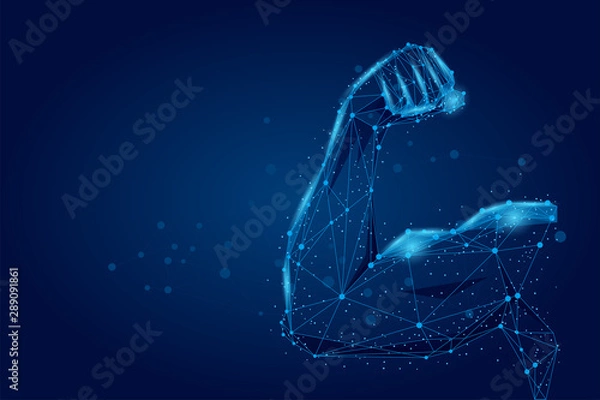 Obraz 3D male hand muscles connected dots low poly wireframe. Polygonal physical strength, bodybuilder, athlete body mesh art vector illustration. Human power 