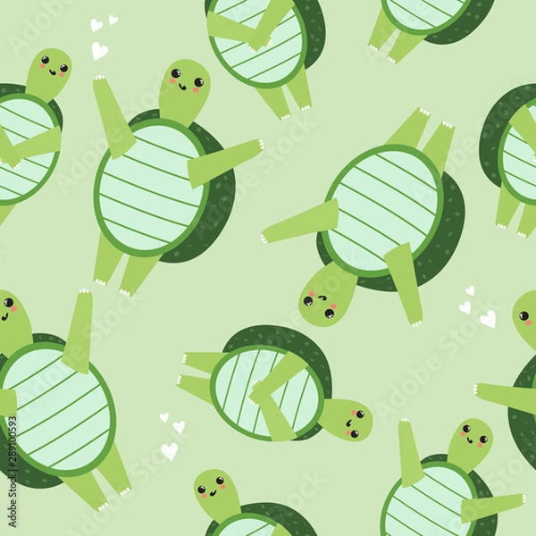 Fototapeta Turtles, hand drawn backdrop. Colorful seamless pattern with animals, hearts. Decorative cute wallpaper, good for printing. Overlapping background vector. Design illustration