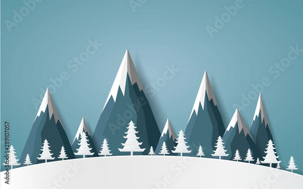 Fototapeta winter with homes and snowy paper art . beautiful scenery in the design vector