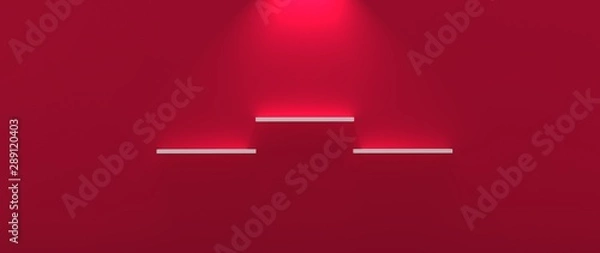 Fototapeta Diseño de repisa tridimensional con iluminación y diferentes niveles. Fondo con materiales plásticos, madera, metálicos y mosaicos de piedras y mármol. Fondo 3d con luces y sombras