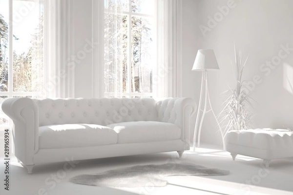 Fototapeta Mock up of stylish room in white color with sofa. Scandinavian interior design. 3D illustration