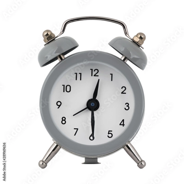 Obraz A gray clock with an alarm clock on a white background with arrows showing the time twelve hours thirty minutes or twenty four hours thirty minutes