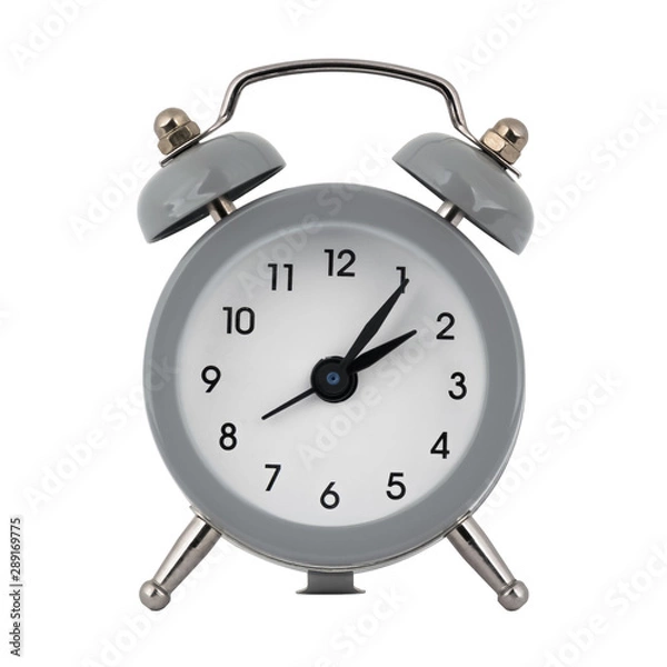 Fototapeta A gray clock with an alarm clock on a white background with arrows showing the time two hours five minutes or fourteen hours five minutes